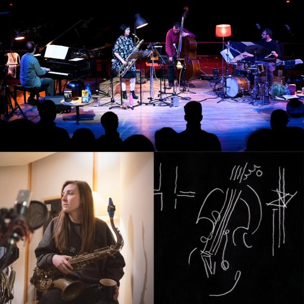 Image of music ensemble, saxophonist and animated cello