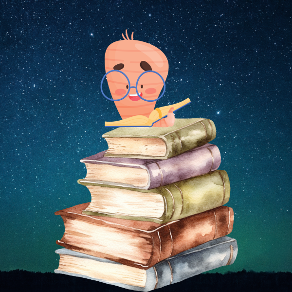 A worm wearing glasses reading on top of a pile of books.