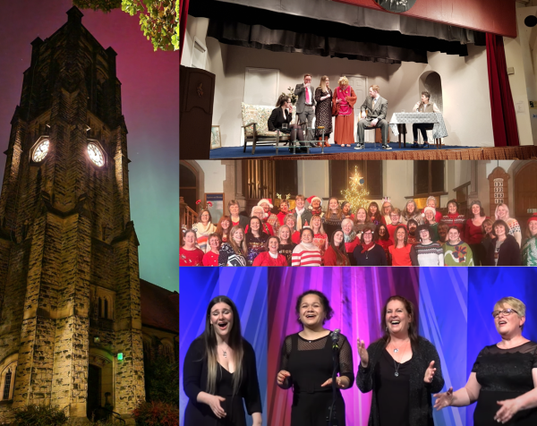 St Andrews Church under the Northern Lights, RoCo drama group rehearsing a scene on stage, The White Rosettes in Christmas jumpers inside the church, and Rooftop Social Club performing in concert.