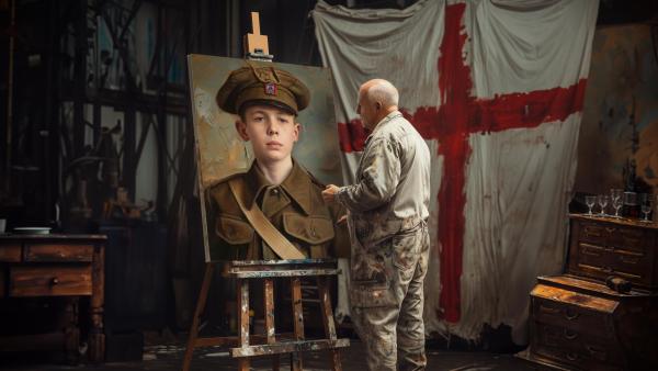 An artist painting a young soldier.