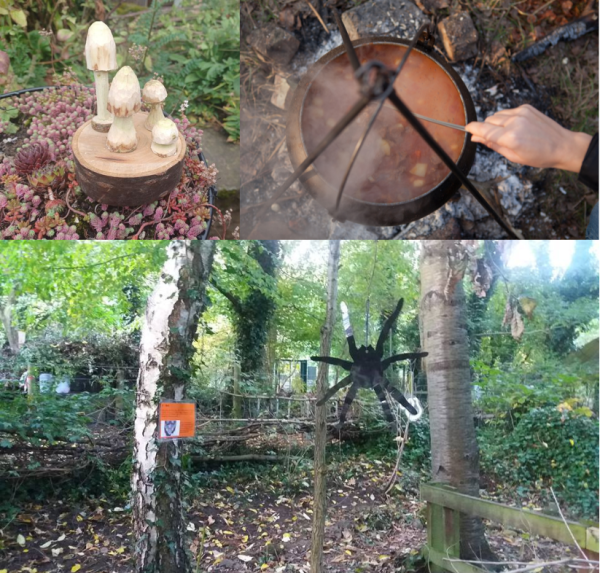 Whittled mushrooms, a caldron and a spider in the Hollybush woods.