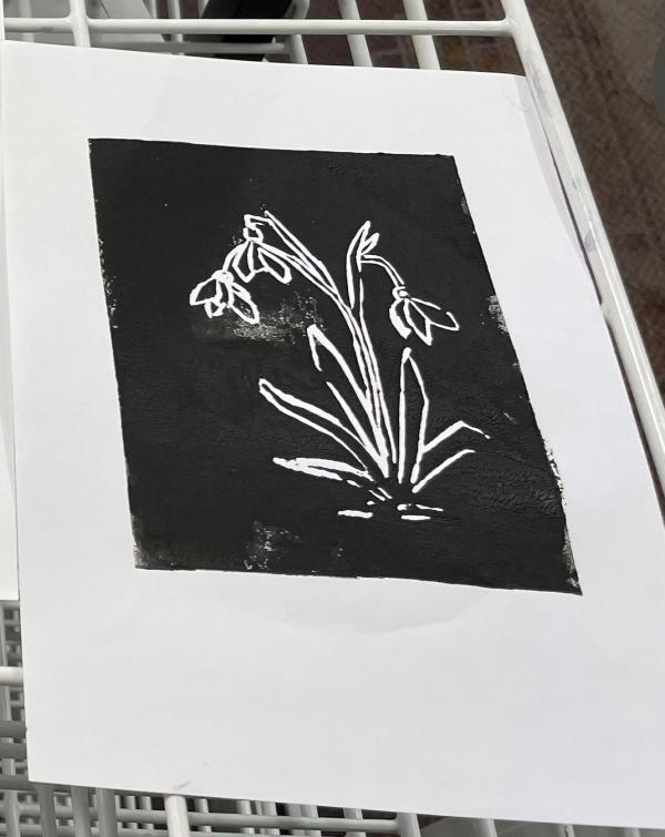 Lino printed image of snowdrop flowers