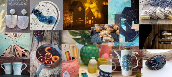 a collage of some handmade goods ranging from handmade soaps to ceramics, vintage tea pots and jewellery.