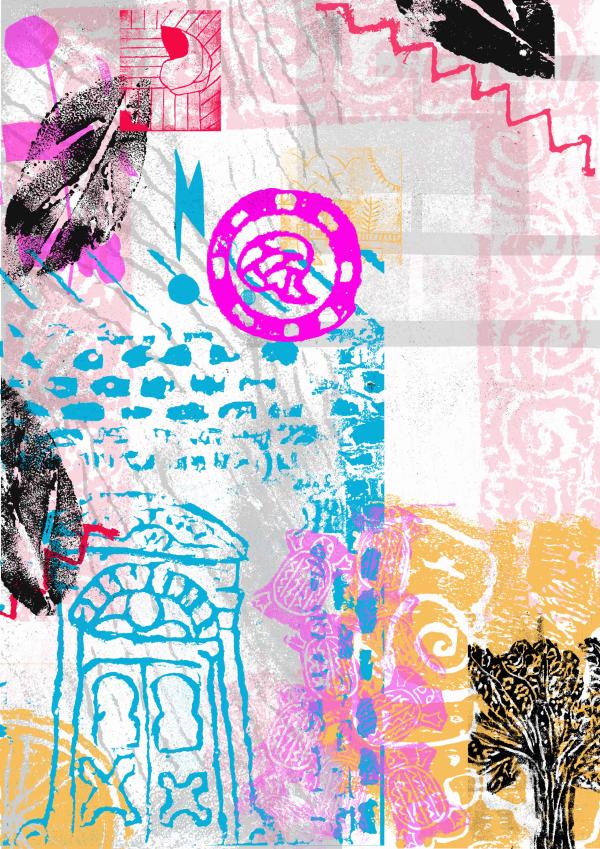 Digital image, created from lino, mono prints and digital art works, pink blue red and yellow, with prints of leafs and  doors 