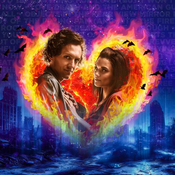 Image of a man and a woman appear in a heart made of fire with a city scape in the background.