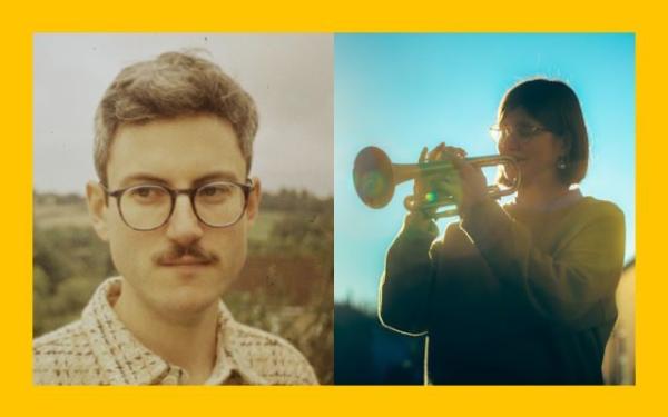 A collage of a man wearing glasses and a woman playing the trumpet.