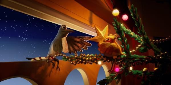 A Magpie passes a star to a robbin to put atop a christmas tree