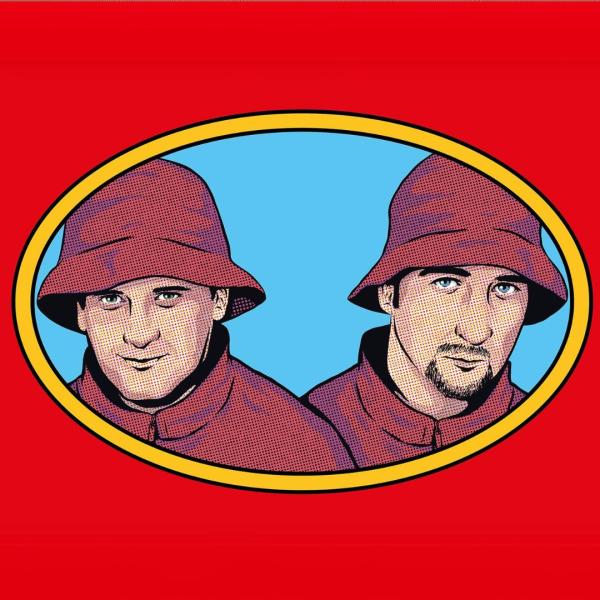 Cartoon image of the heads of Mark Radcliffe and Marc Riley both wearing red bucket hats and red jackets framed in an oval.