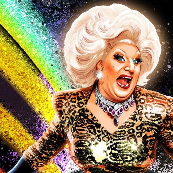 Illustrated image of Myra DuBois wearing a dress that's leopard print on the top