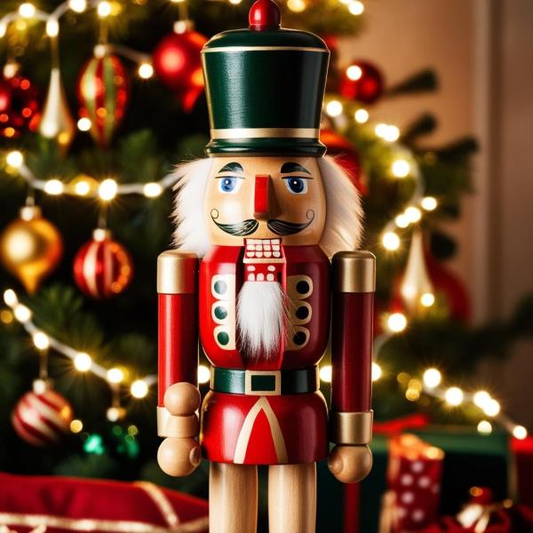 A picture of a wooden nutcracker figure standing in front of a Christmas tree