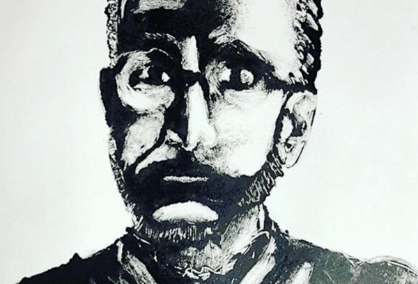 A black and white monoprinted portrait of a man with a beard