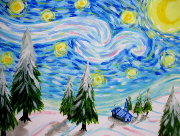 A windy swoosh over a blue painted background. The sun shines brightly to the right of the picture. The trees are evergreen and covered in snow. A small blue house sits in the centre right.