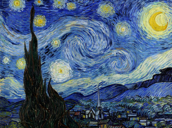 Van Goghs starry night shows in the picture. The windy background is white which sits over the blue painted sky. The sky has a large yellow shiny moon to the far right and yellow stars which shine throughout. The black tower stands to the left and the town sits to the bottom right of the picture.