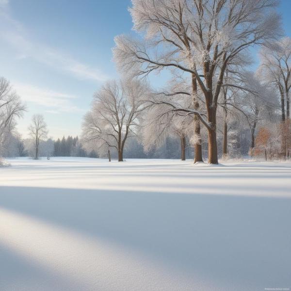 a picture of a snow covered field with trees