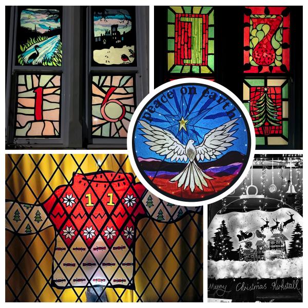 A collage of five brightly coloured window displays. 