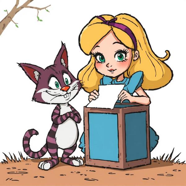 a cartoon image of Alice and a cat and a ballot box