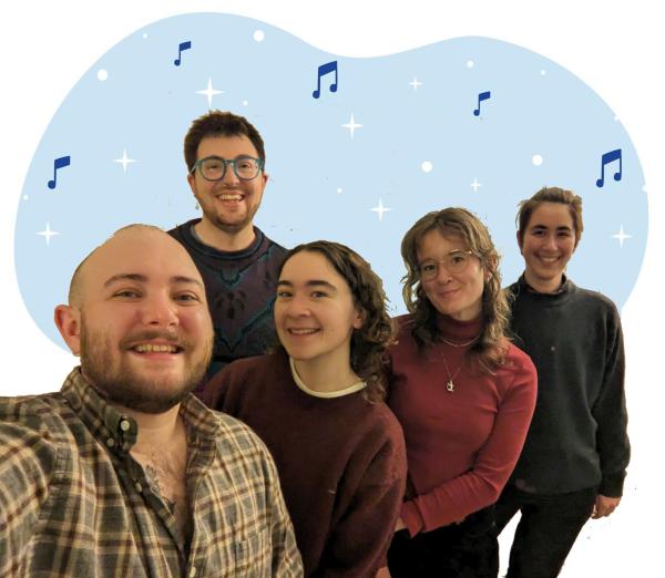 A group of five white people smile against a background of snow and musical notes