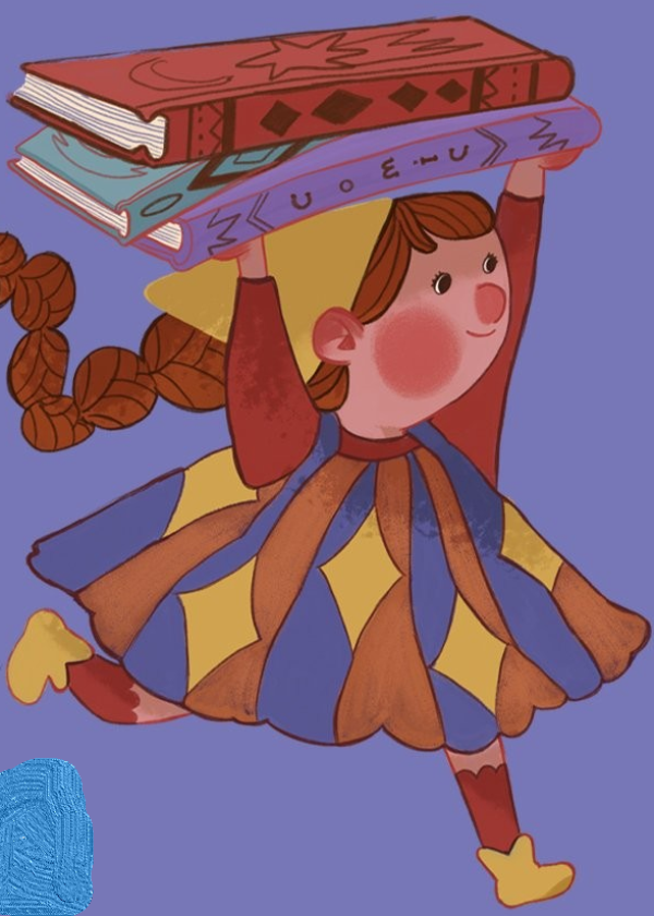 Cartoon girl running holding books over her head. 