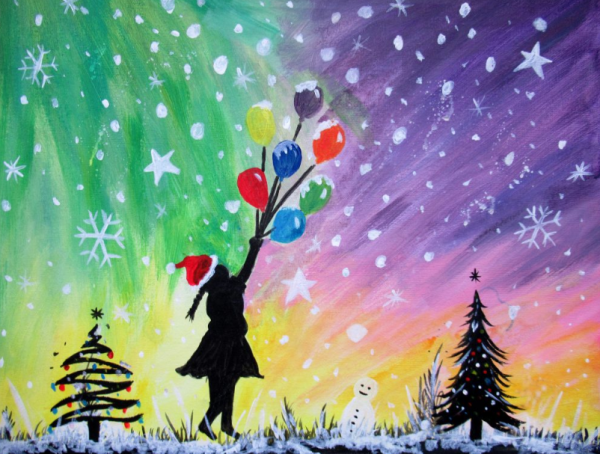 A rainbow background with a silhouette of a girl holding a bunch of colourful balloons looking up at a snowy sky. Two Christmas trees sit either side of her and a snowman sits to the left of the tree.