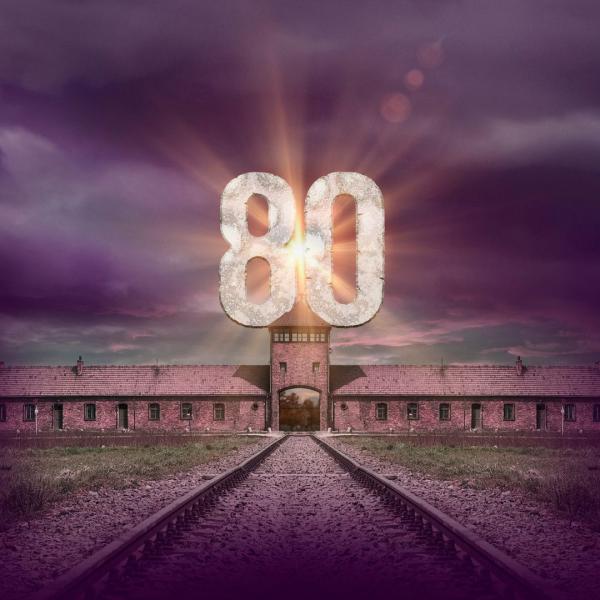 Famous image of a railway track heading for a long brick building at Auschwitz with the number 80 appearing in the sky