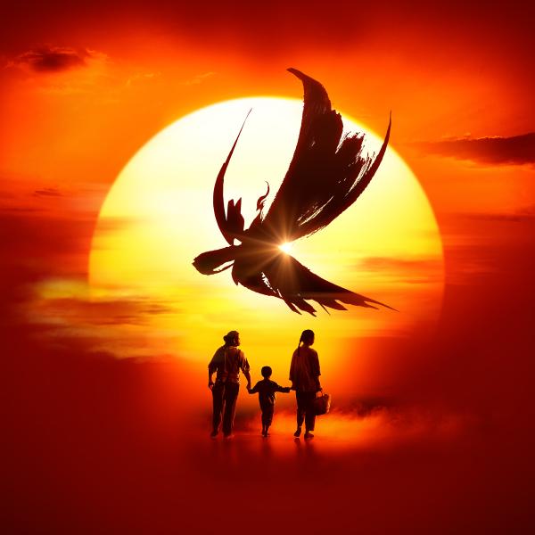 Three silhouette figures, two grown adults with a child holding hands between them, walking off into the sunset with a black feathery-marker pen shape above them. 