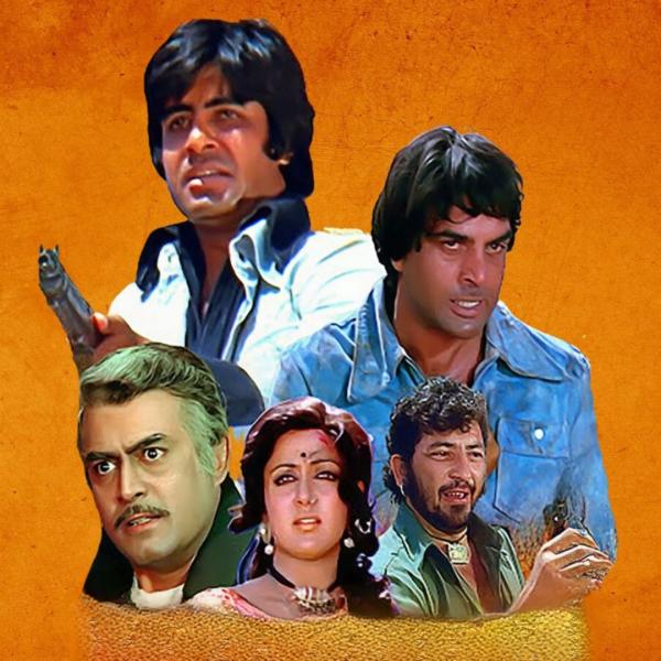 Screengrabs of the faces of five Bollywood actors in the film Sholay.