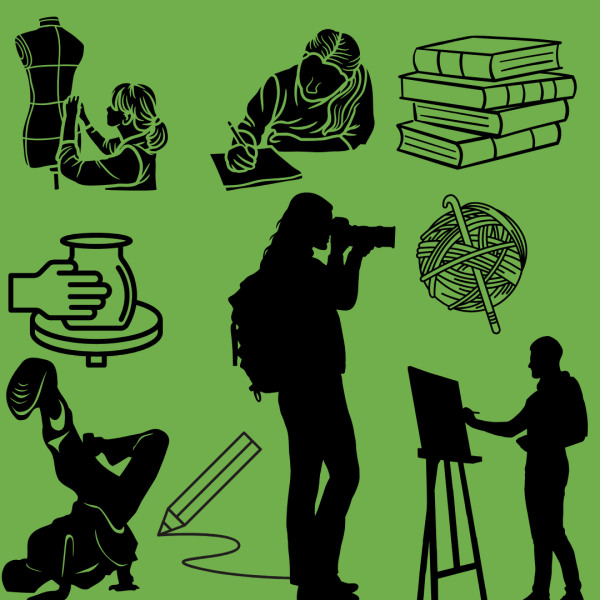 IMAGES OF CREATIVE ACTIVITIES ON A GREEN BACKGROUND