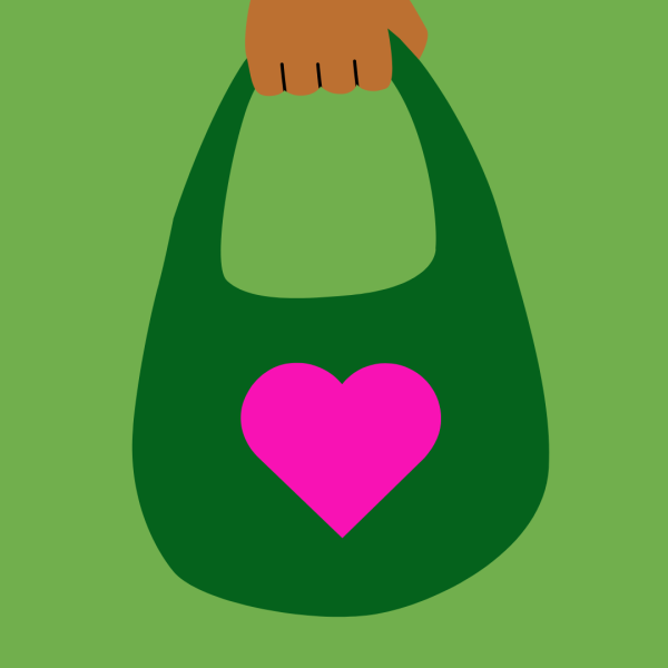 IMAGE OF A GREEN SHOPPING BAG WITH A PINK HEART LOGO