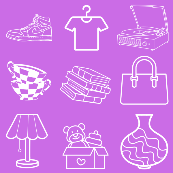 ILLUSTRATION OF A COLLECTION OF ITEMS YOU COULD FIND AT A JUNK SALE ON A PURPLE BACKGROUND