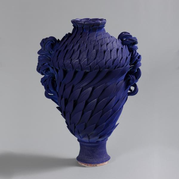 Terracotta  with Matt Cobalt Blue Glaze of vase with leaf design