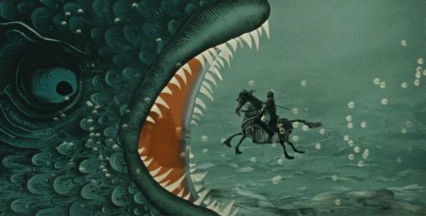 A man on a seahorse underwater swims into the gaping jaws of a monstrous fish creature. 