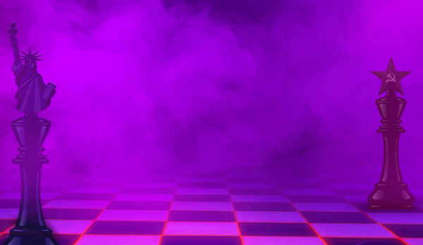 A large chess board with two pieces take up the whole image, there is a misty purple background.