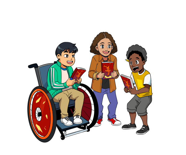 An illustration of three children sharing books.