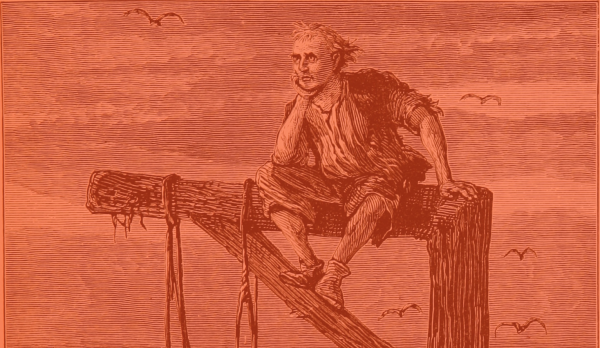 Orange artwork of a man sat on a wooden beam