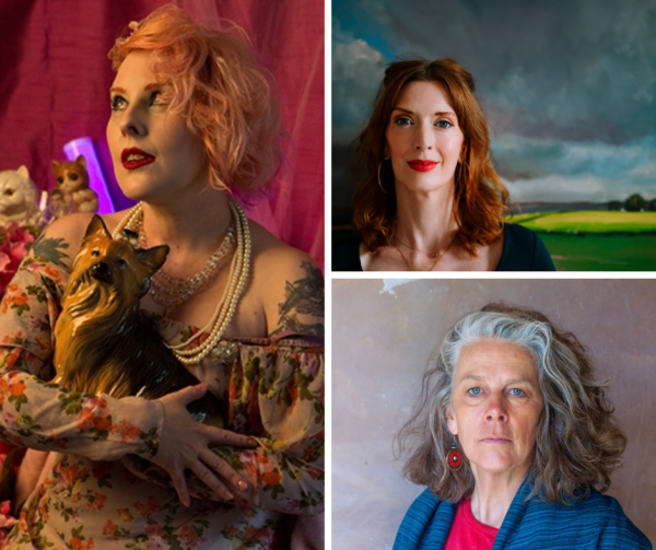 Three photographs of the authors. One woman wearing a floral dress, pearl necklace, with pink hair who is holding a china dog. One woman with grey hair wearing a blue jacket on a grey background. One woman with brown hair on a painted landscape backround  