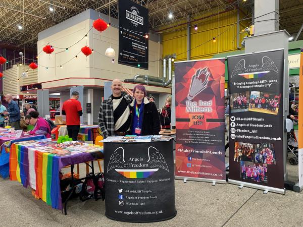 Photo of Angels stall and banners at previous event in Leeds Kirkgate Market