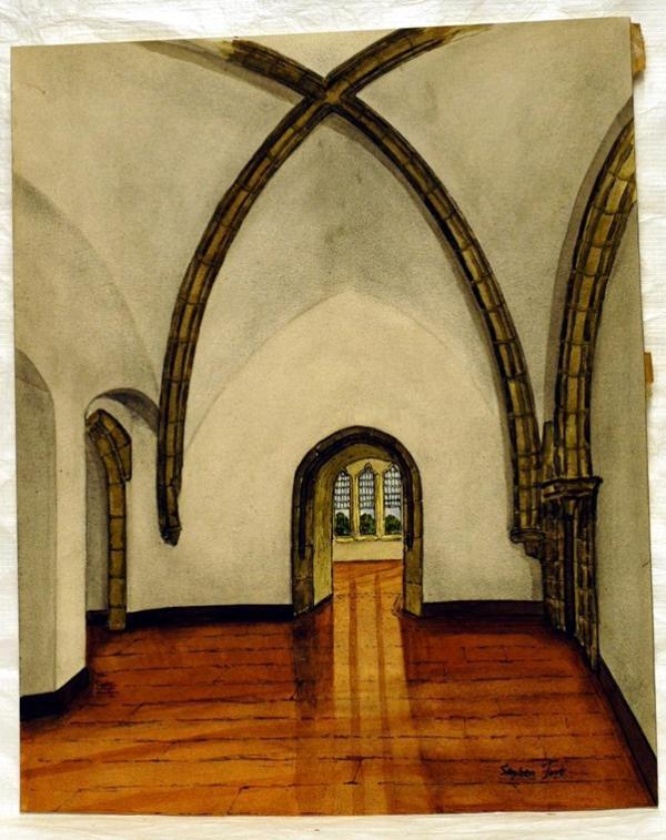 A picture of a room with a highly polished wooden floor, barrel arched ceiling and whitewashed walls. Light is reflected along the floor from a window which is in the centre of the painting, through a small stone doorway.