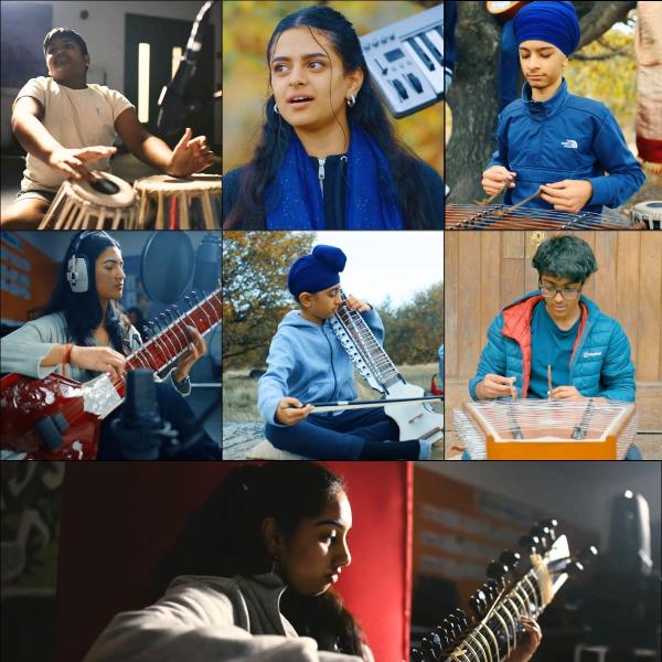 Collage of 8 young people playing Indian Classical instruments