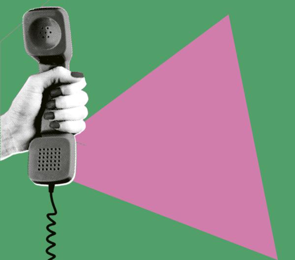 green background with a pink triangle and phone handset photo in black and white