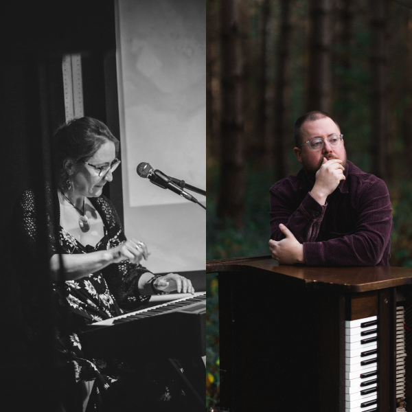 A black and white photo of a woman playing an electric piano. And a colour photo of a white man leaning on an overturned piano in the woods.