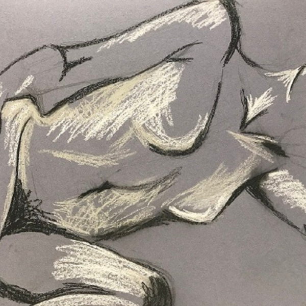 Black and white charcoal sketch of a nude reclining figure on purple paper