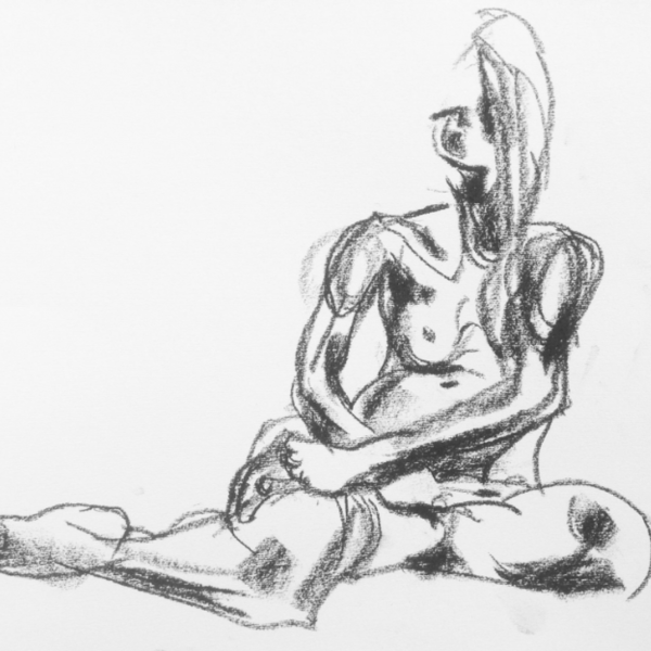 Life drawing sketch of a seated figure, in charcoal on white paper