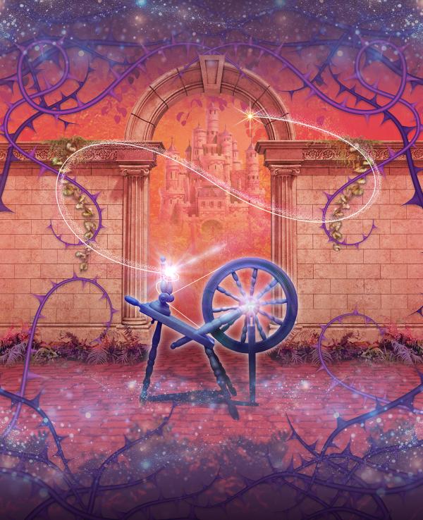 A spinning wheel stands in a walled garden in front of a palace in the distance, purple thorns surround the image. 