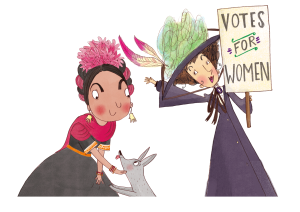 An illustration of Frida Kahlo petting a dog next to an illustration of Emmeline Pankhurst holding a sign saying 'Votes for Women'