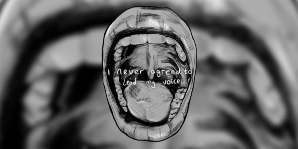 Drawing of an open mouth and inside are the words 'I never agreed'. The background is a blurred close up of the drawing.