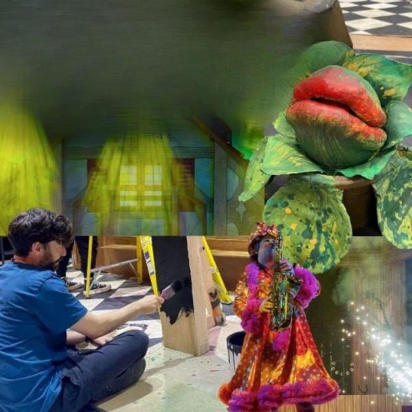 A collage of images about set design, featuring the Audrey II plant from Little Shop of Horrors, a child drawing and someone painting a bit of set.