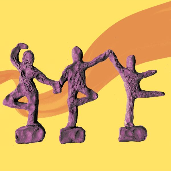 A bright logo showing three clay figures dancing 