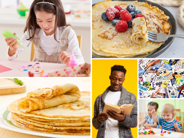 A collage of images showing children doing crafts, pancakes, a man reading from a book, and some cut out words. 