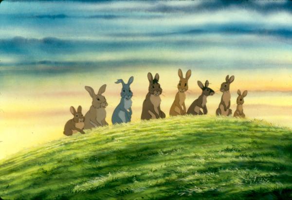 Eight animated rabbits standing on a hill