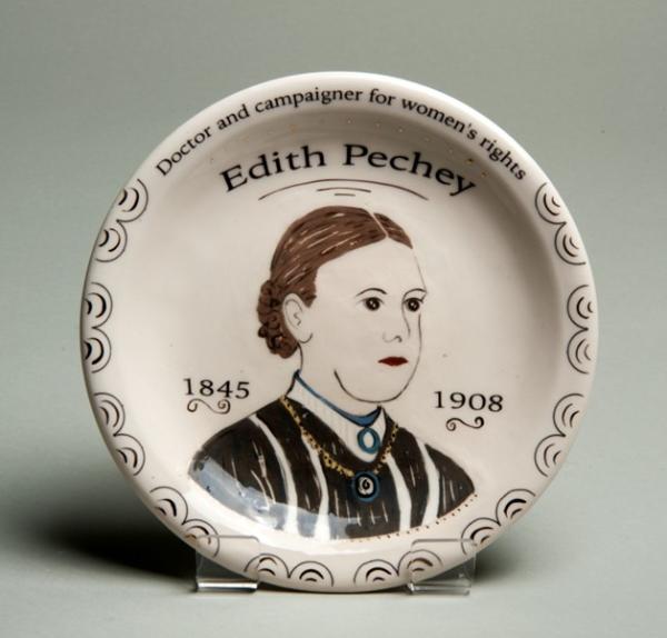 A ceramic dish featuring a portrait of Edith Pechey 1845-1908 